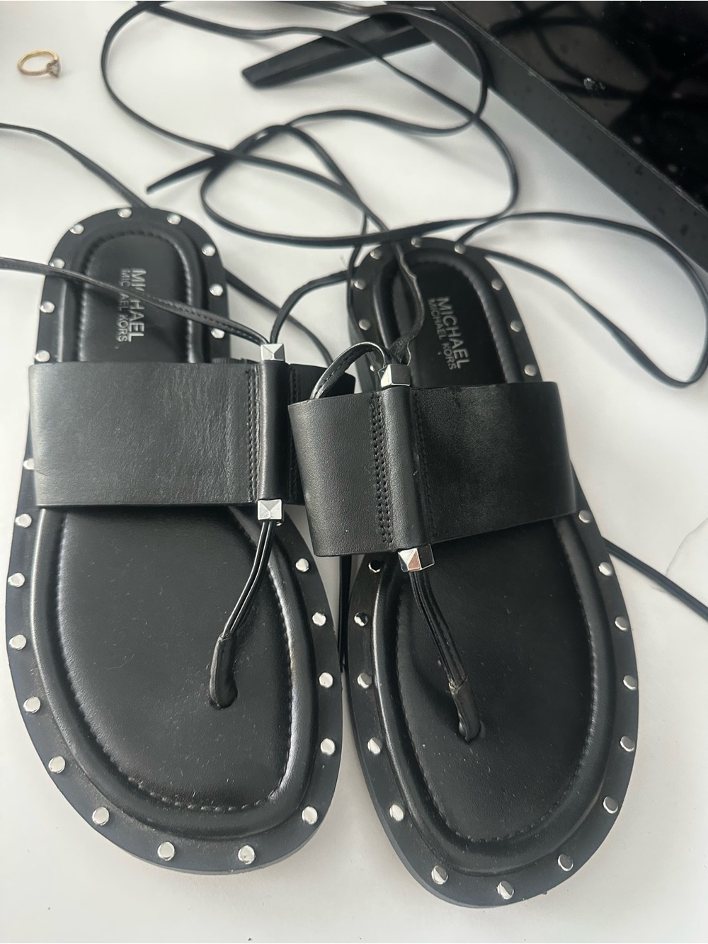 MICHAEL Michael Kors Black Leather Studded Lace-Up Sandals